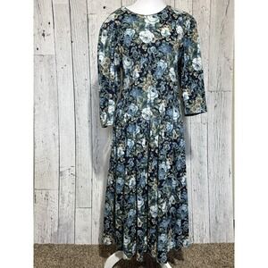 Vintage 80s Paquette Too! Navy Blue and Pink Floral Drop Waist Midi Dress Sz 12
